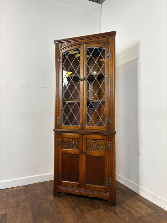 Vintage Old Charm Oak Freestanding Corner Display Cabinet
