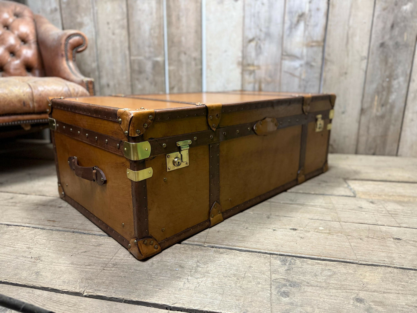 XL Tan Leather English Coffee Table Trunk