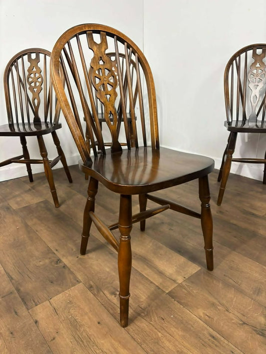 Vintage Set of Four Dark Oak Wheel Back Chairs