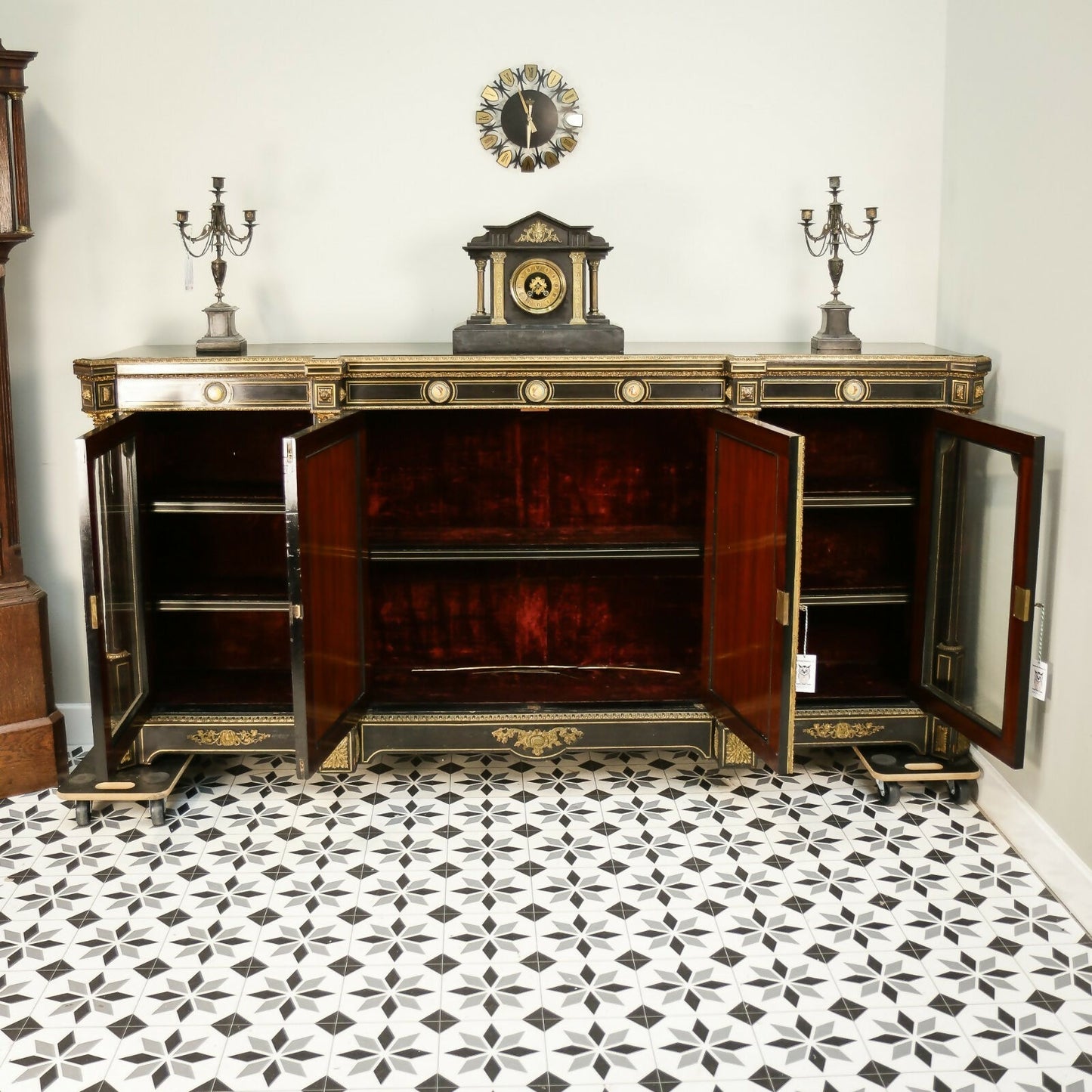 Antique Ebonised Black and Gilt Brass Credenza 19th Century with Porcelain Plaques
