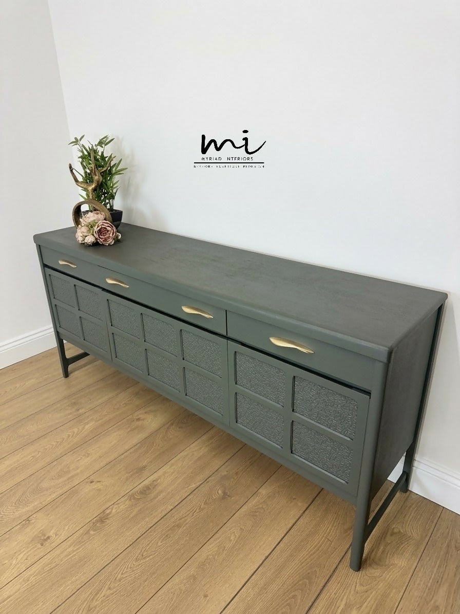 PAINTED TO ORDER Refinished Vintage Large Nathan Sideboard Drinks Cabinet In Deep Dusky Olive Green