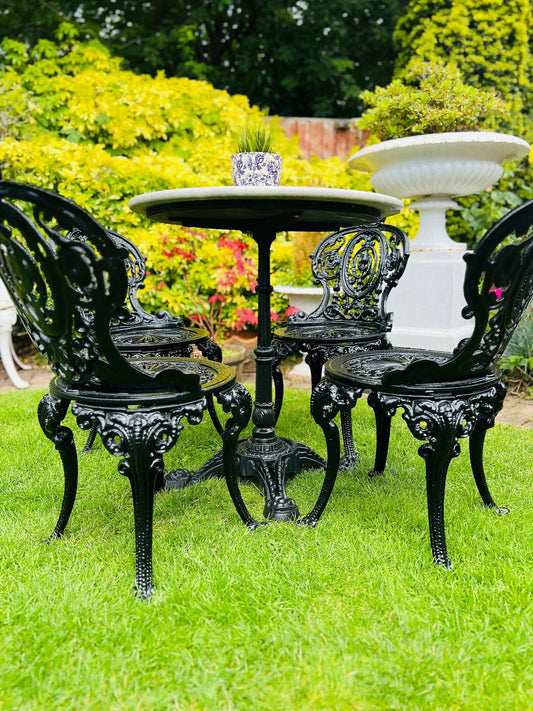 Victorian Cast Iron and Polished Marble Table Patio Set Garden Furniture