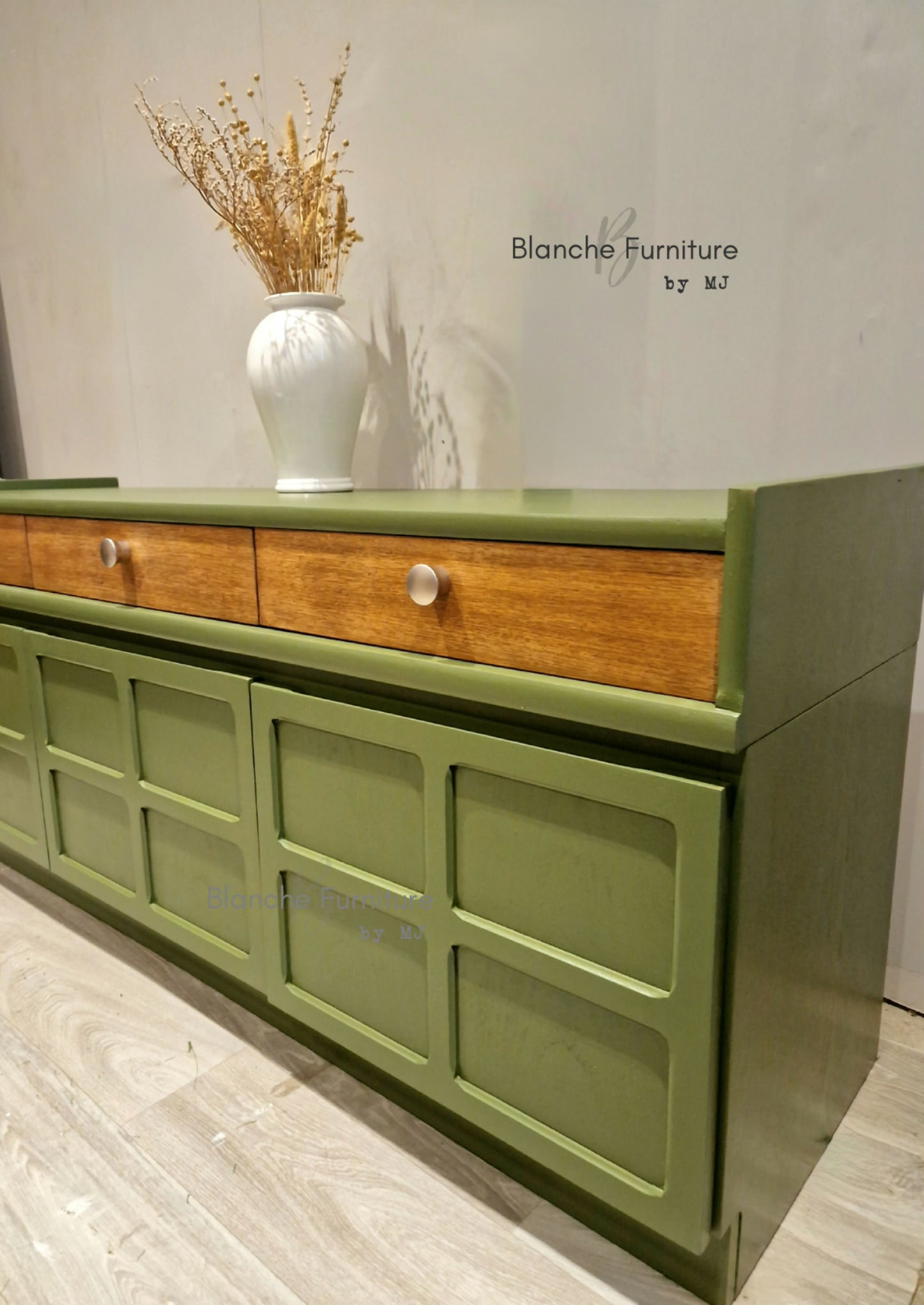 Large Olive Green Nathan Sideboard with Square Brushed Steel Handles