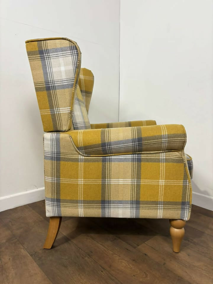 Modern Tartan Fireside Armchair – Upholstered Accent Chair in Mustard, Blue & White