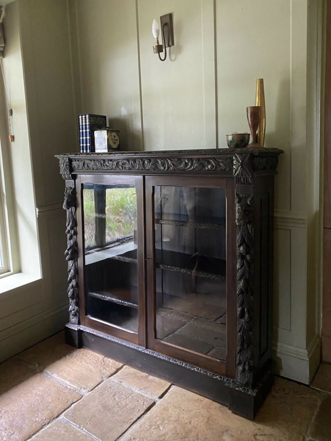 Antique Victorian Jacobean Style Oak Carved Glazed Bookcase Cabinet Cupboard