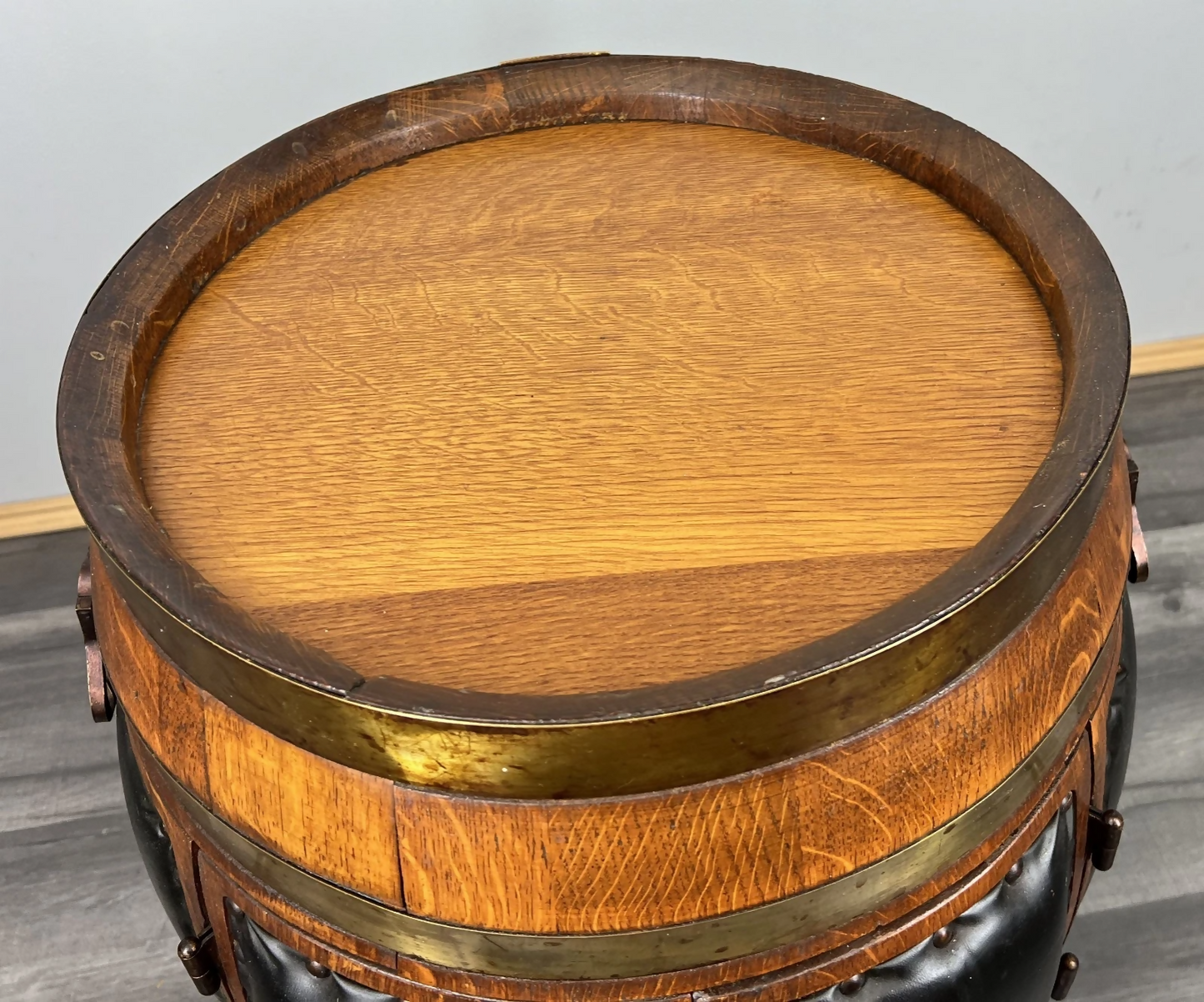 Drink Cabinet Vintage French Style Oak Brass Trim Barrel Carved Storage LOT 3900