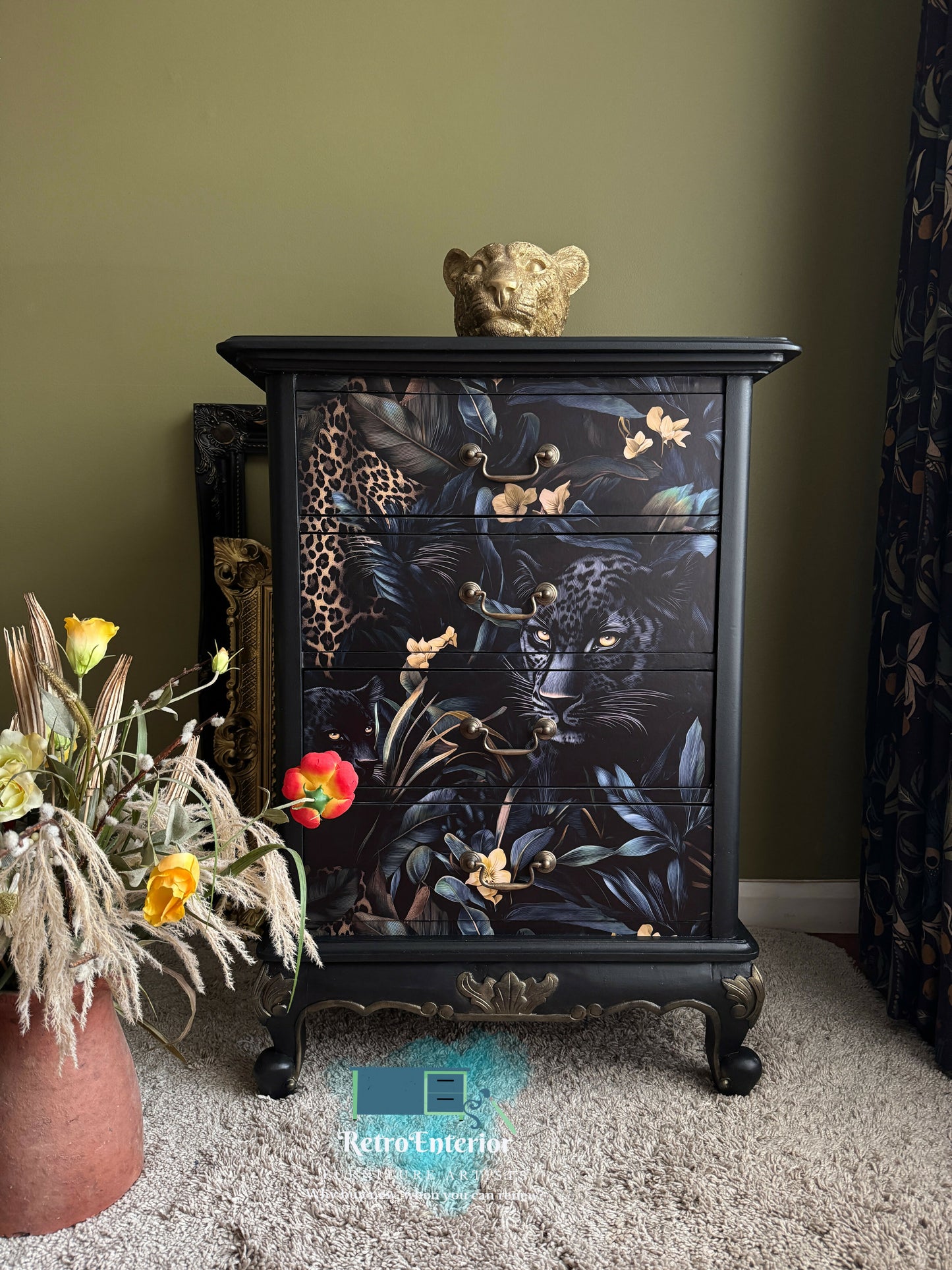 Oriental Tall Chest of Drawers – Coal Black with Leopard & Tropical Mural