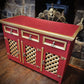 Vintage Chinoiserie Eastern Style Red & Gold Sideboard With Lattice Doors & Lined Interior