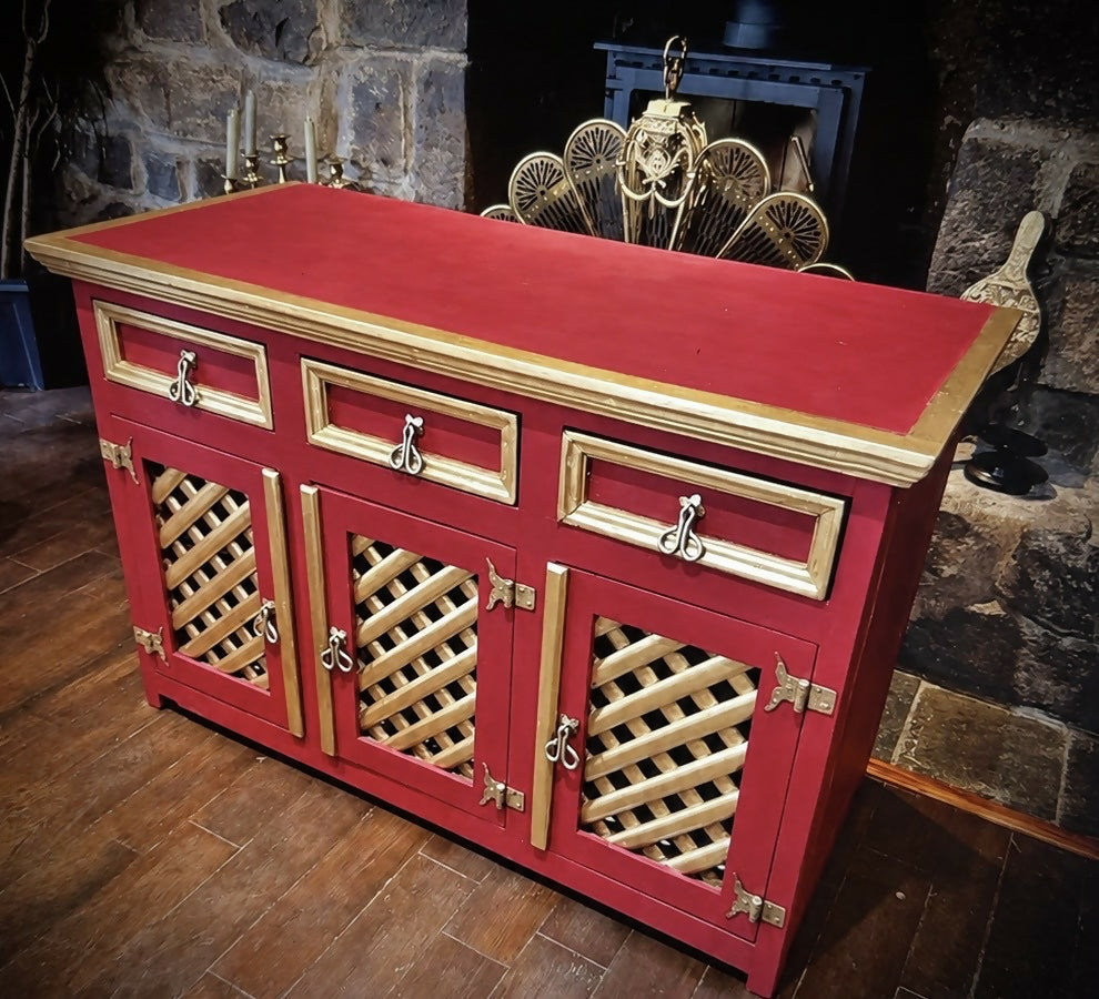 Vintage Chinoiserie Eastern Style Red & Gold Sideboard With Lattice Doors & Lined Interior