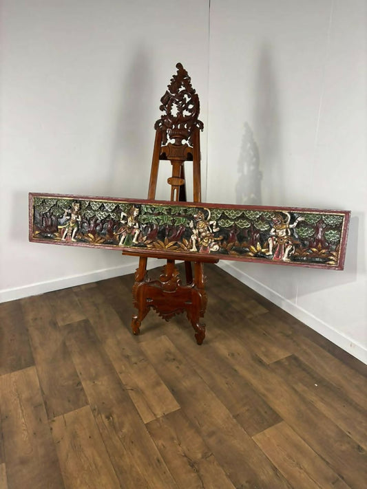 Large Hand Carved Wooden Panel Depicting Figures In A Forest