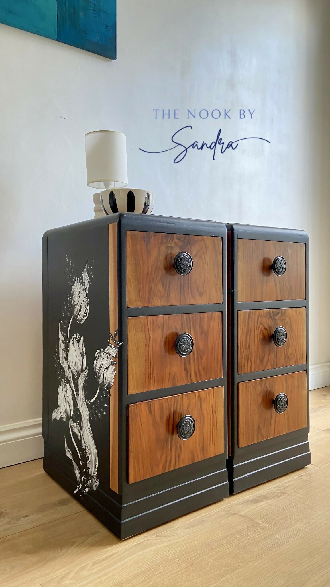 Upcycled Nightstands Set -Rustic Wood &Black | 3 Drawers Bedside Cabinets