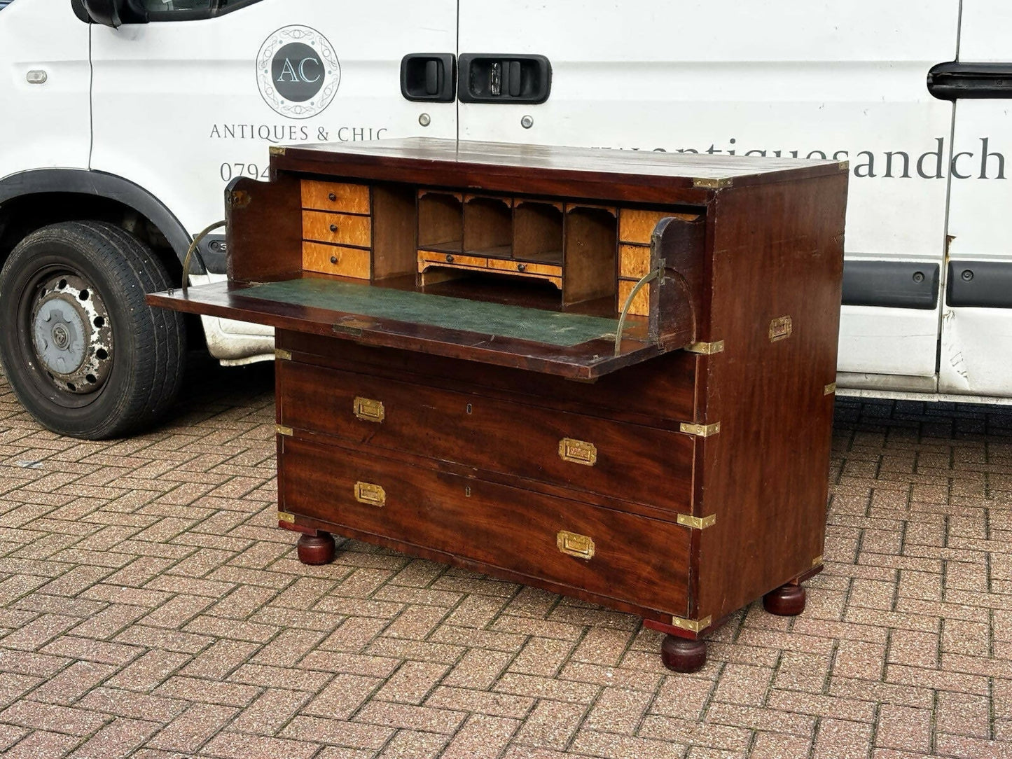 Mahogany Vintage Campaign Secretaire Chest Of Drawers.