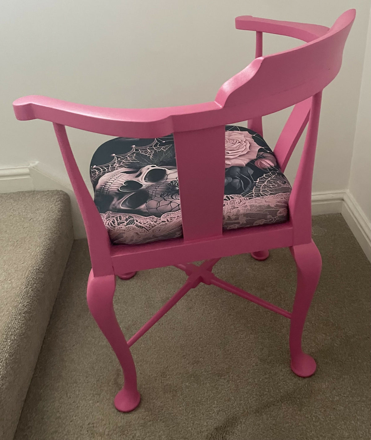 Antique Upcycled Corner Chair with Skull & Flower pattern seat