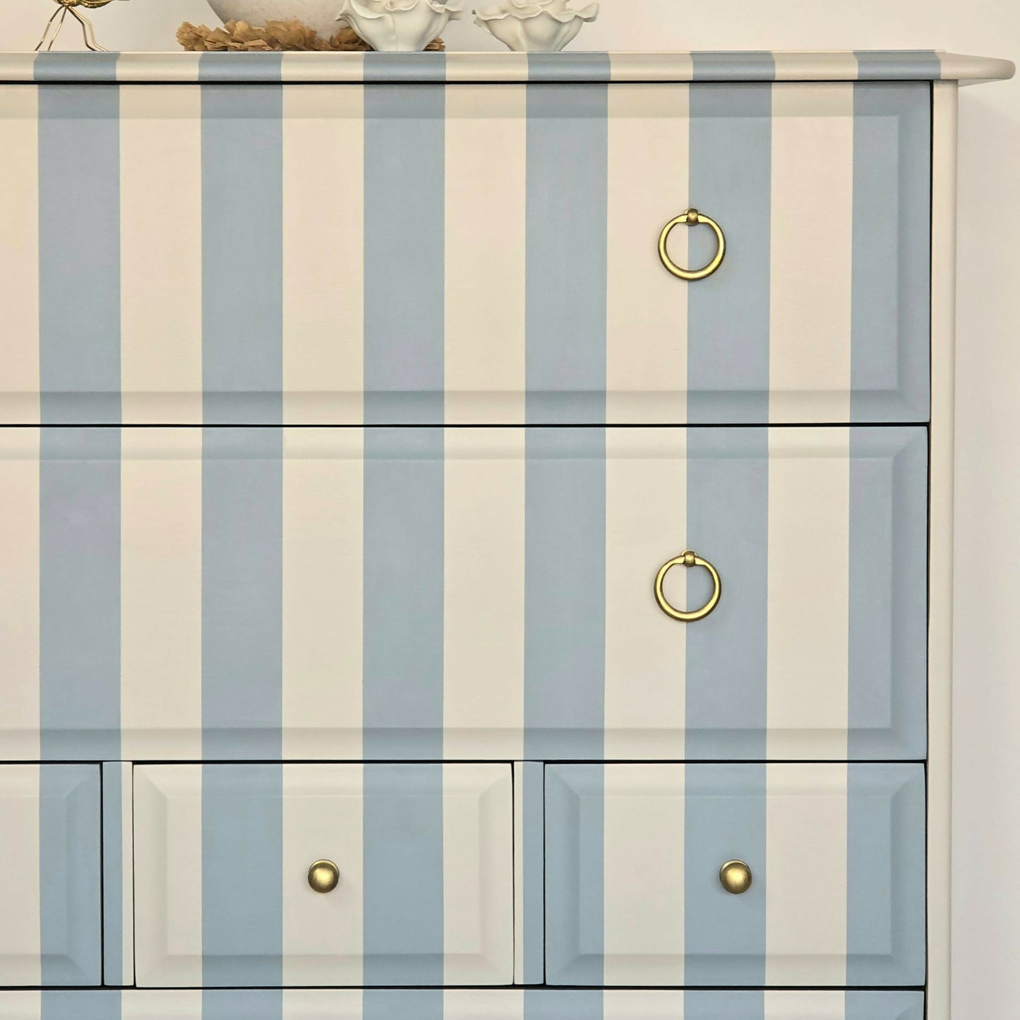 Vintage Hand-painted Stag Minstrel Tallboy, Chest of Drawer Blue & Cream Striped