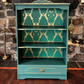 Upcycled Vintage Green & Gold Woodland 'Boxing Hares' Patterned Statement Bookcase