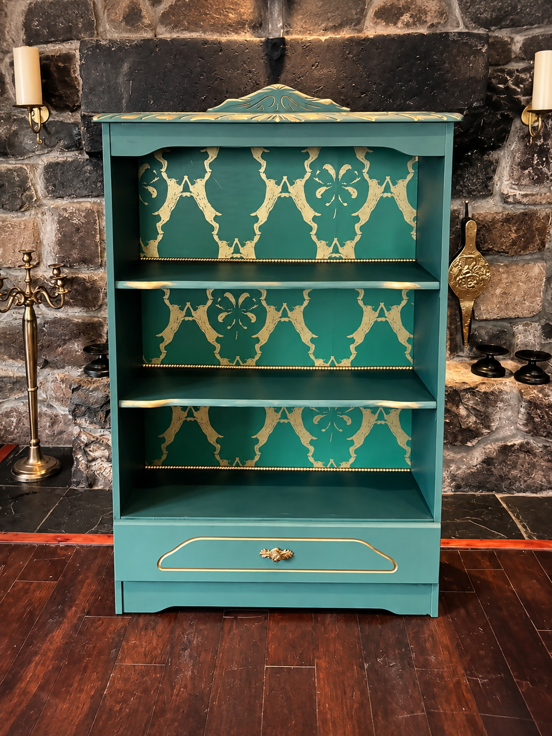 Upcycled Vintage Green & Gold Woodland 'Boxing Hares' Patterned Statement Bookcase