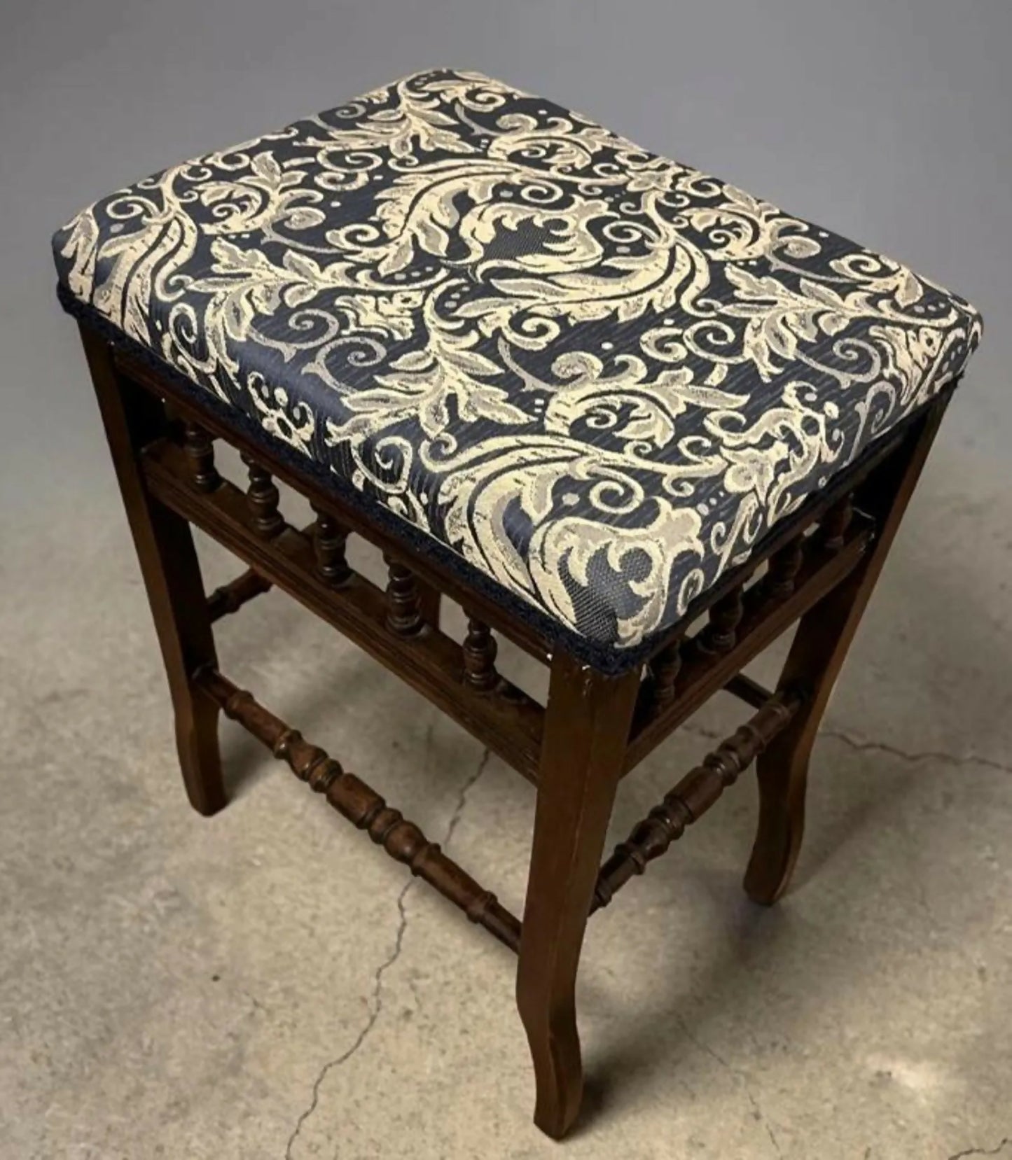 Vintage Upholstered Stool Wooden Frame Turned Legs Spindle Detail 54cm Height