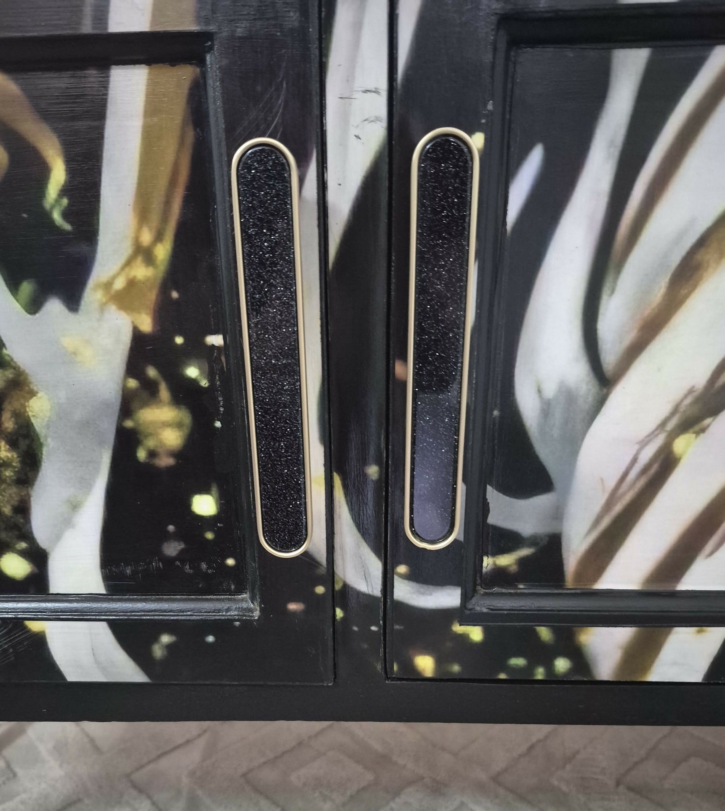 Upcycled Black Sideboard TV Stand with Zebra Print Doors | Gold Leaf Feet | Statement Cabinet | Opus Equus