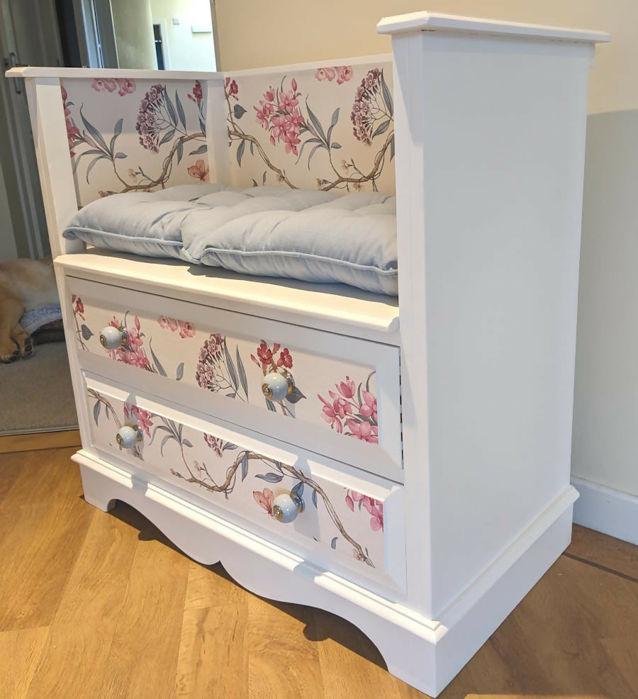 white and floral bench seat