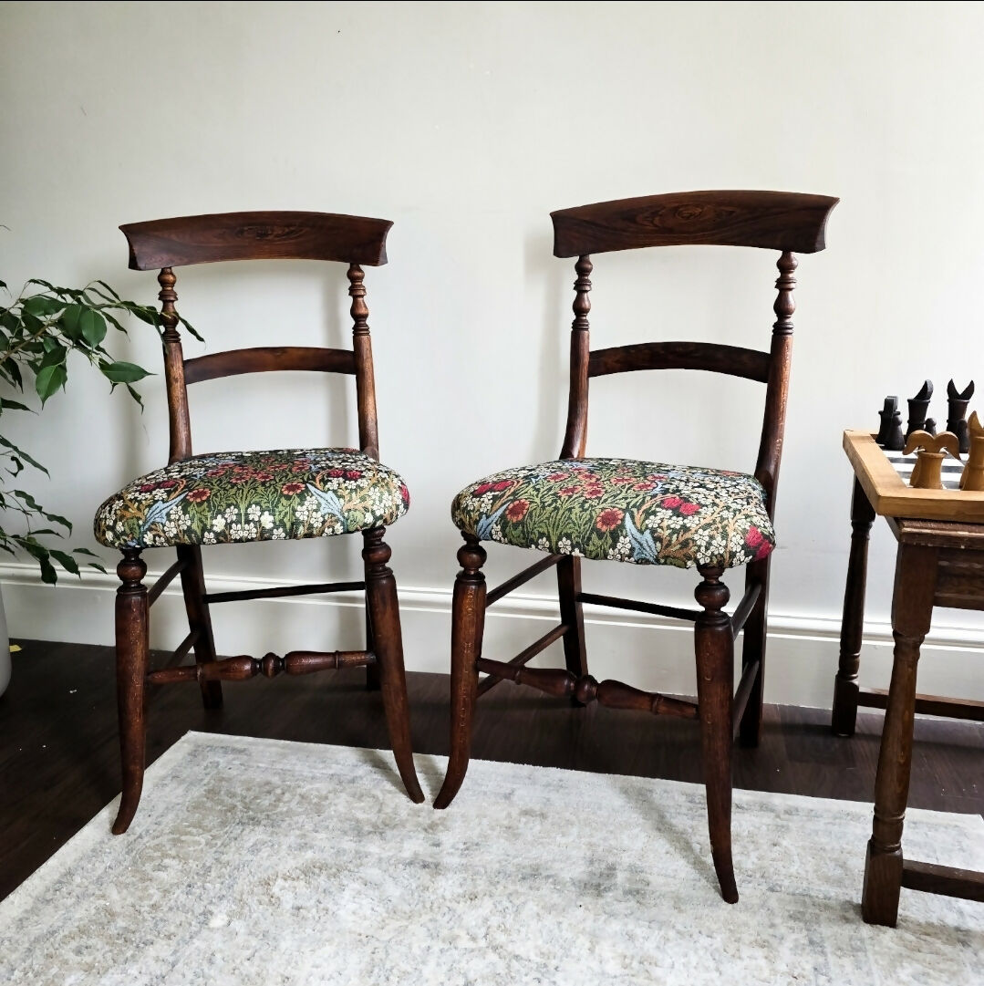 Beautiful Pair Of Victorian Oak Chairs Reupholstered Seats in a William Morris 'Blackthorne' Tapestry Fabric'