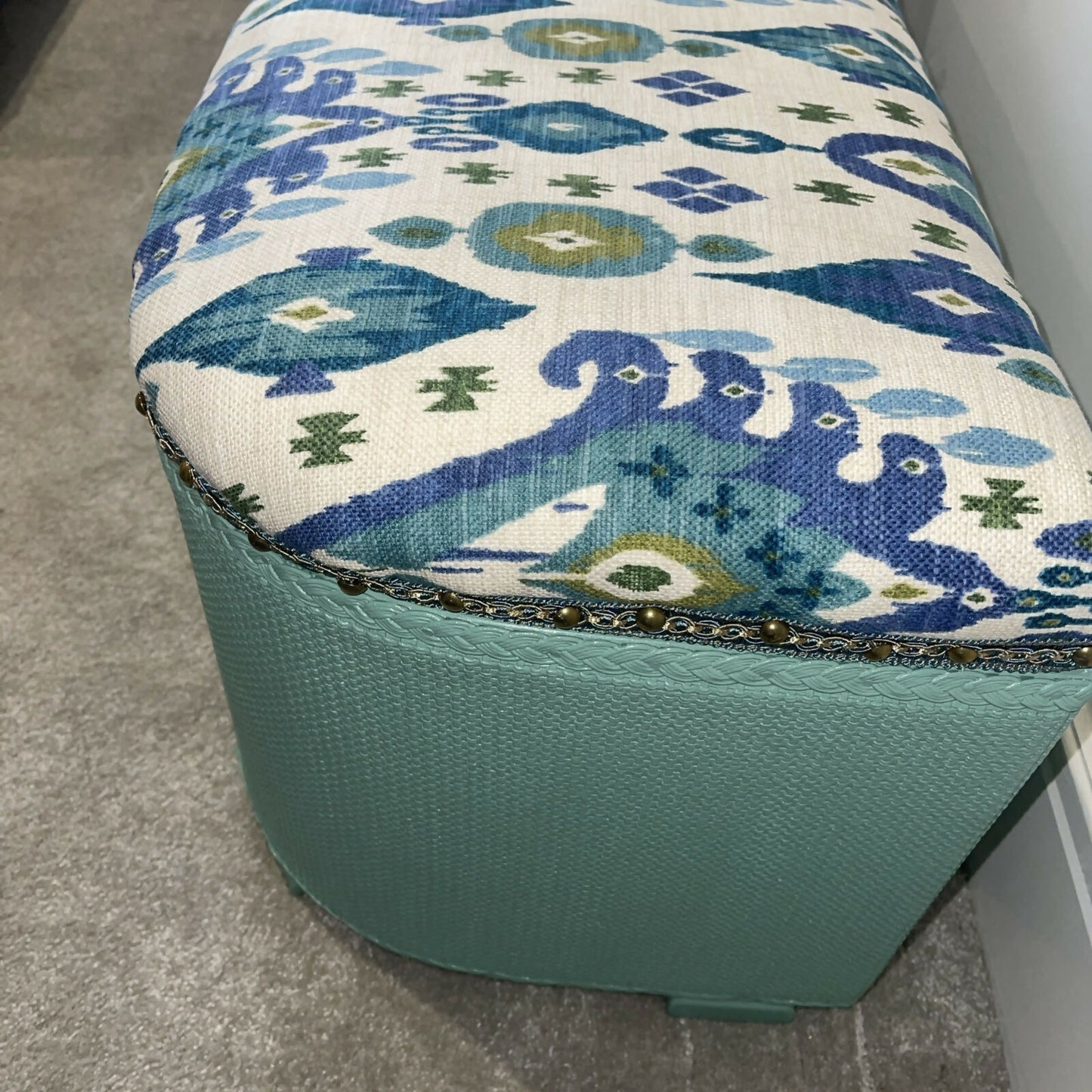 beautiful green repainted mid century storage seat/ ottoman. You choose the fabric from select given.