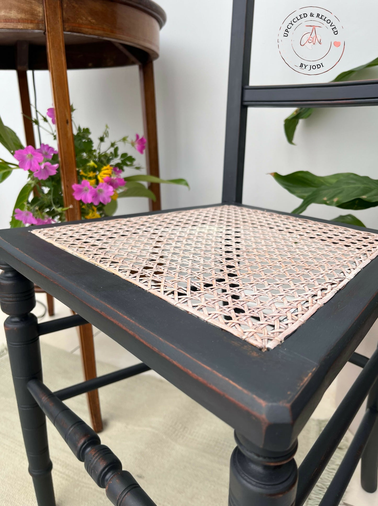 Edwardian chairs with rattan seats, lightly distressed in Ash Black- PAIR OF 2 CHAIRS