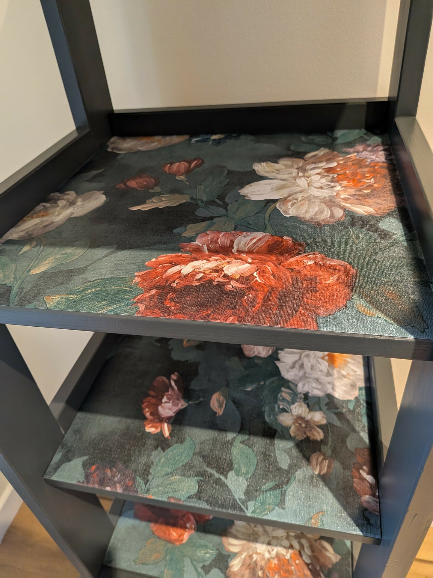 Dark green tall shelves and storage