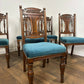 Set of Six Edwardian Carved Oak Dining Chairs –with Teal Upholstery