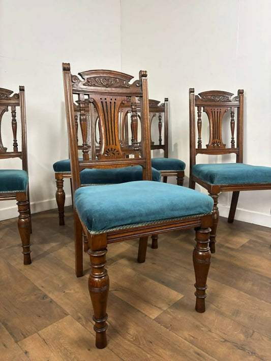 Set of Six Edwardian Carved Oak Dining Chairs –with Teal Upholstery