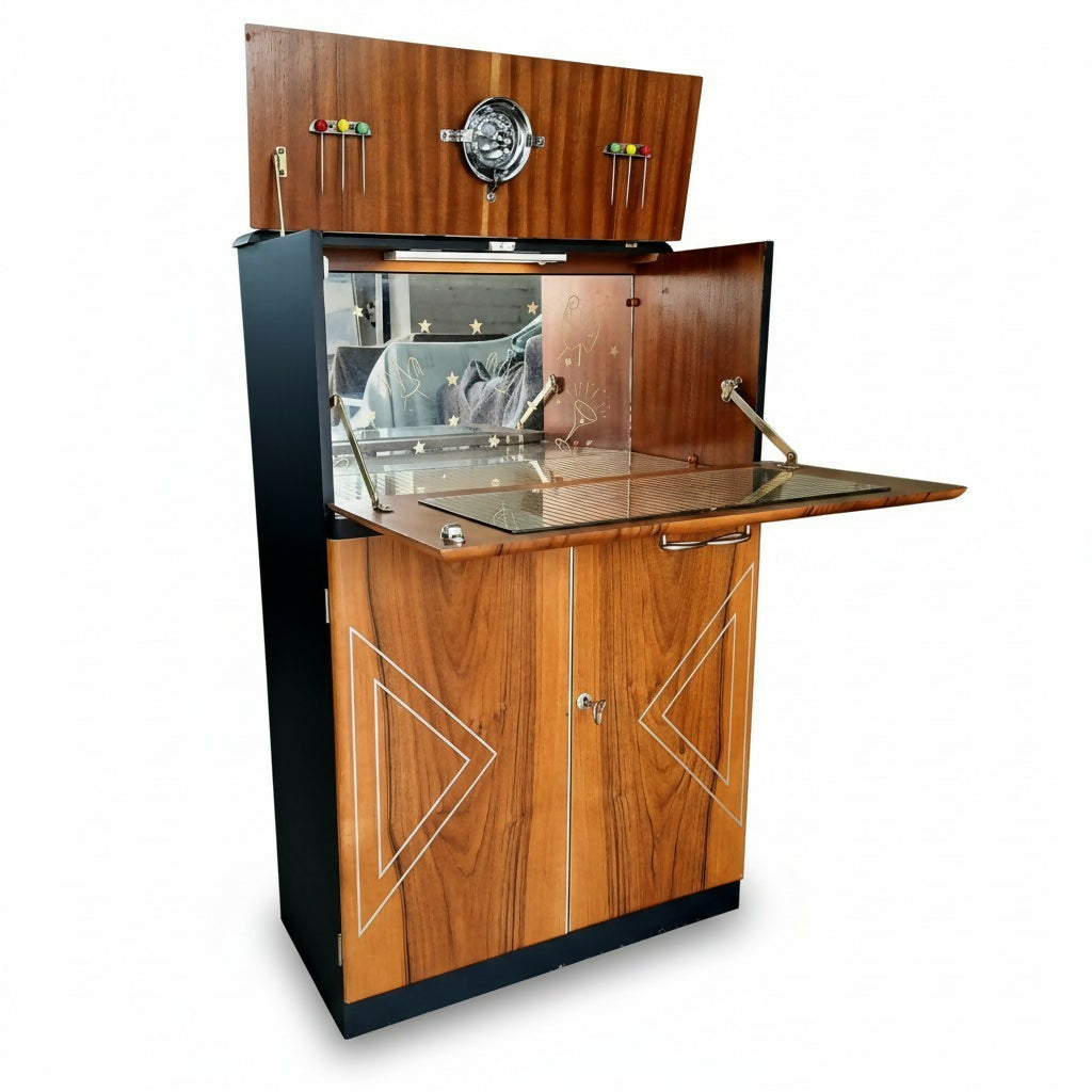 Vintage Art Deco Walnut Cocktail Cabinet | Mid Century Drinks Bar Cupboard