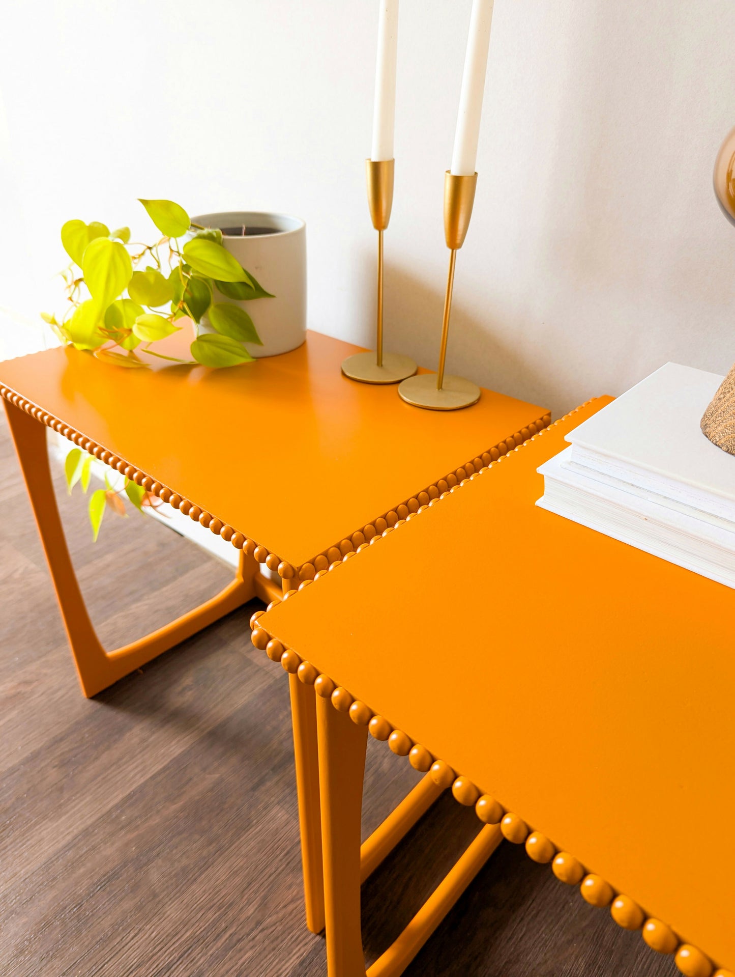 Pair of Bright Orange Side Tables/End Tables with Bobbin Details