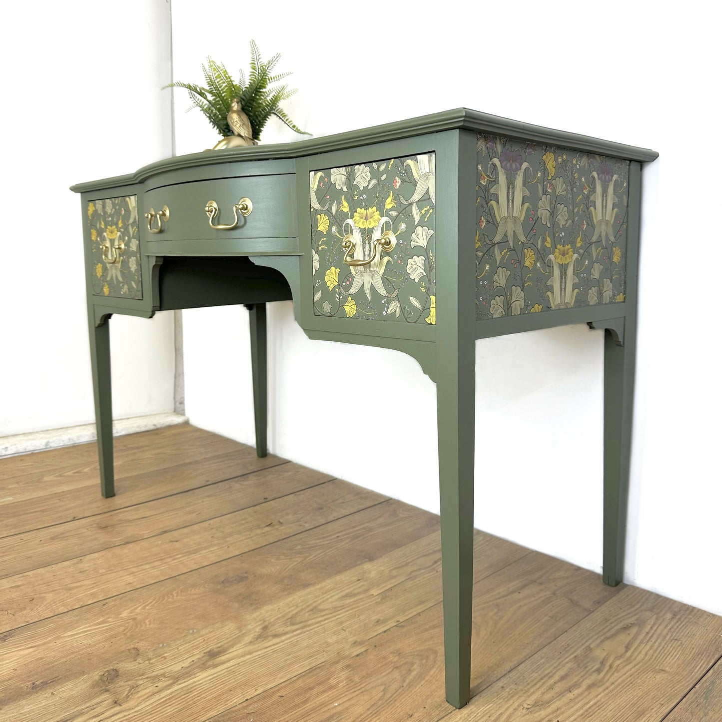 Vintage olive green desk with botanical design, dressing table, sideboard, refurbished, statement, floral, hand painted, upcycled sage
