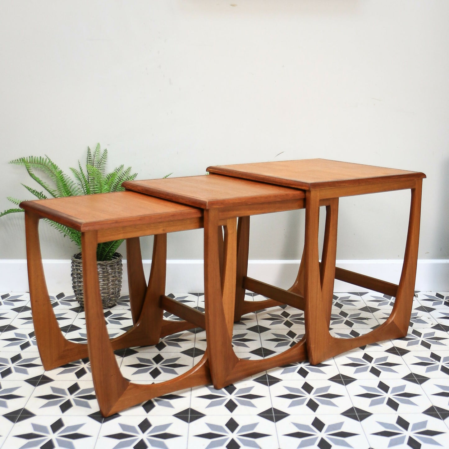 G Plan Nest of Three Tables Astro Design with Teak Tops and Teak Afromosia Legs.