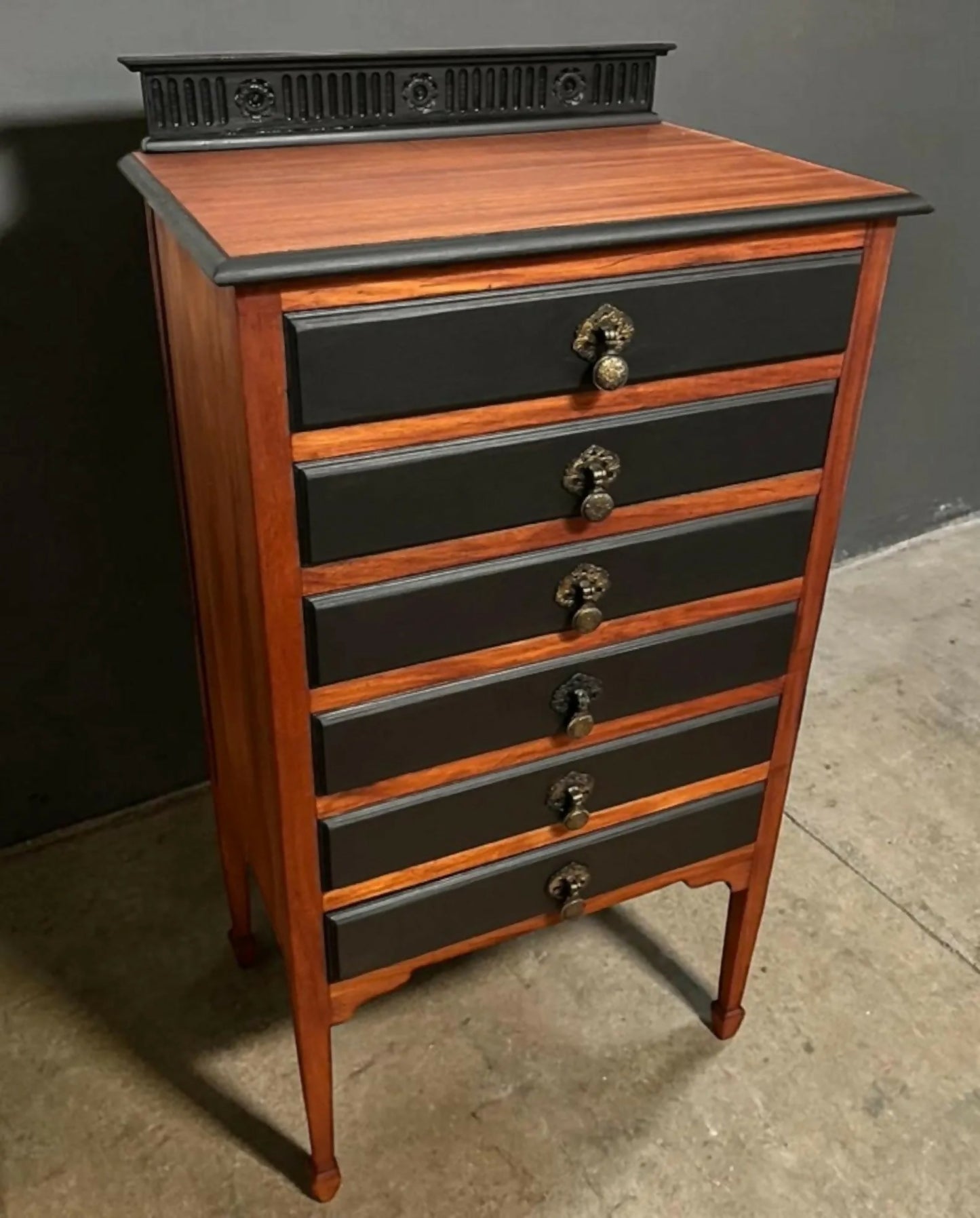 Antique Style 6 Drawer Chest Tallboy Cabinet Black/Wood Jewellery Storage 102cm