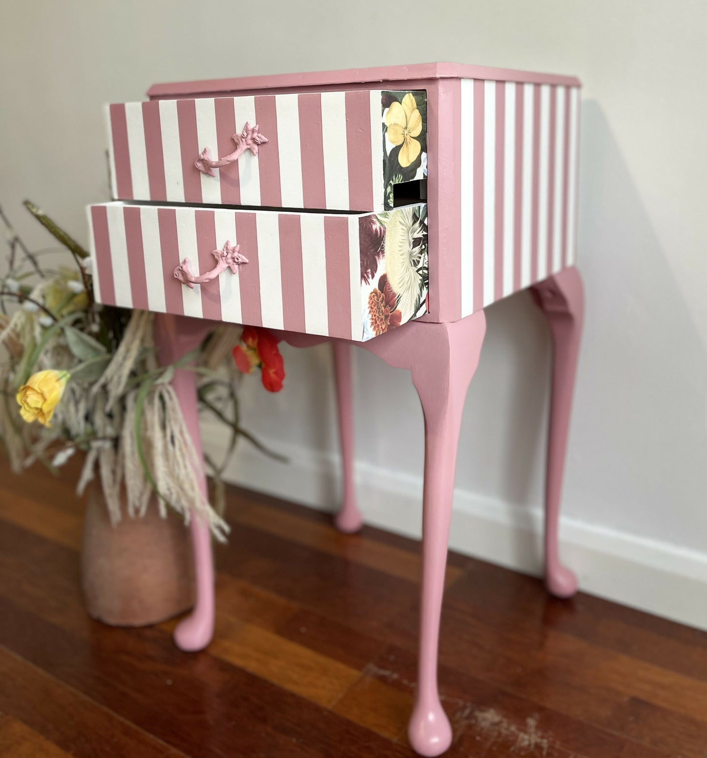 Whimsical botanical top French style bedside table