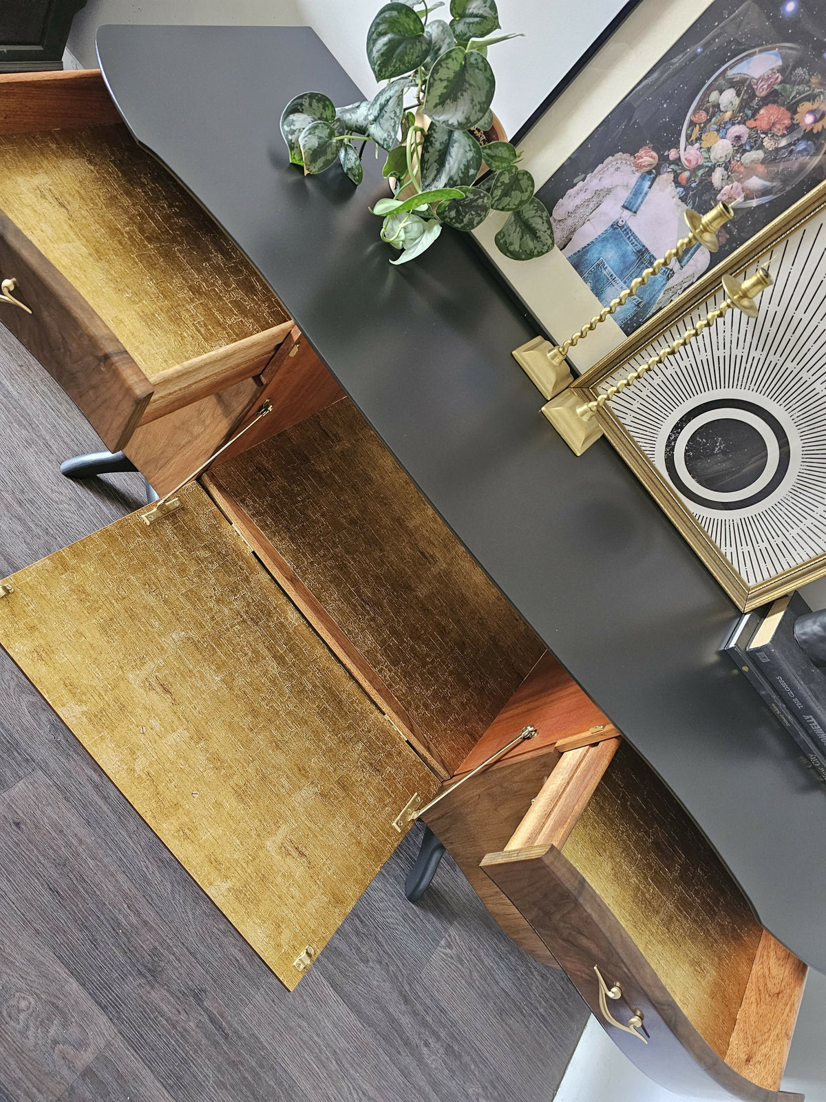 Mid Century Modern Sideboard, Dark Wood and Black Drinks Cabinet, Gold Interior, Original Handles, Crocodile Pattern TV Stand