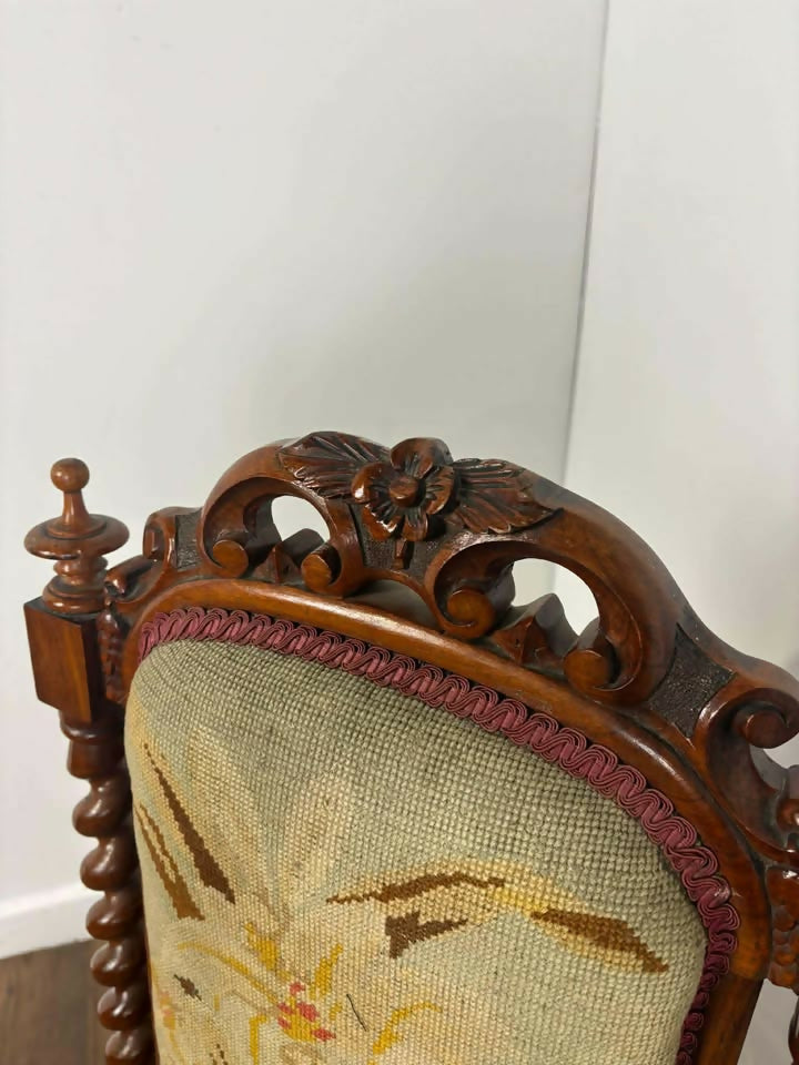Victorian Walnut Prayer Chair With Tapestry Upholstery
