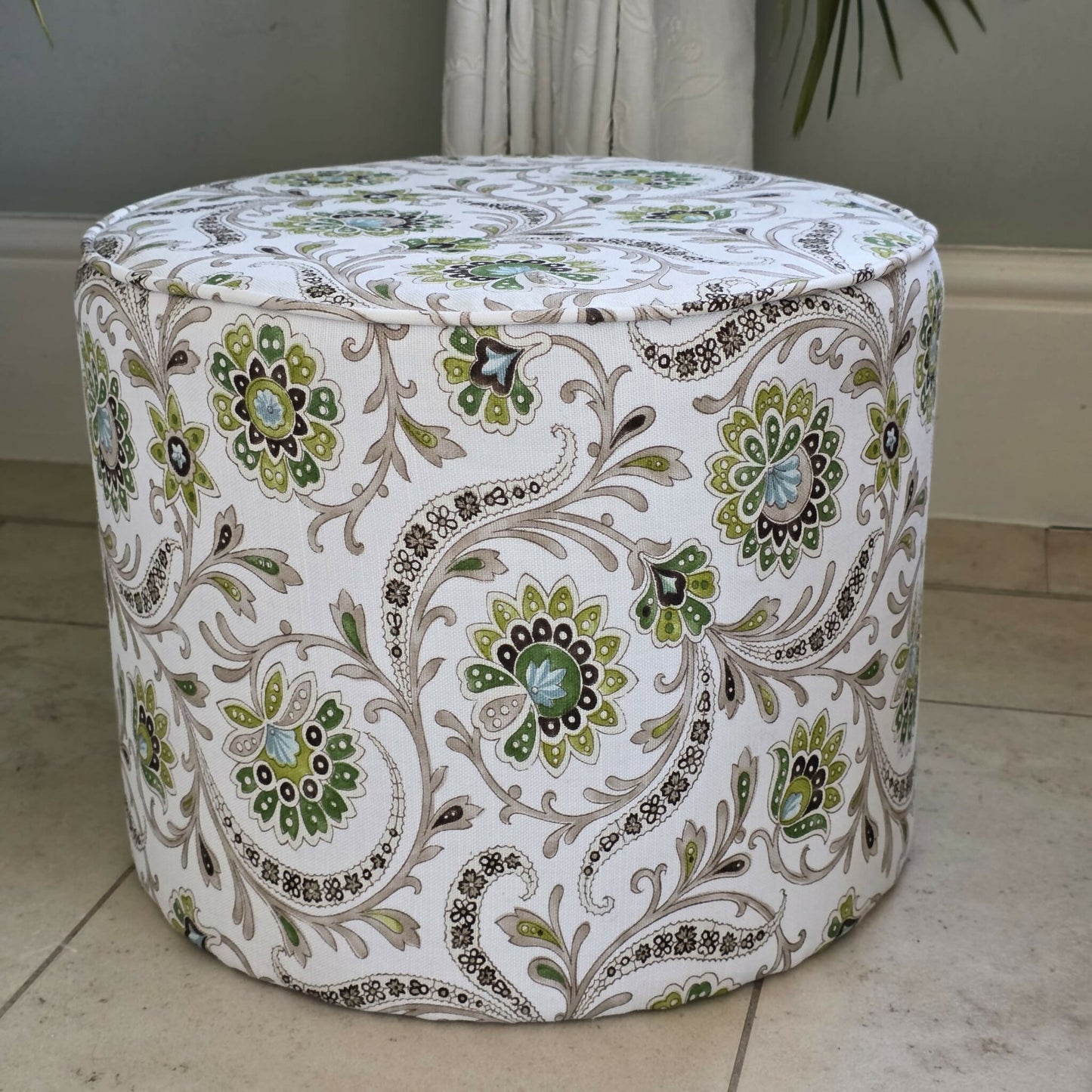Footstool, Drum Style Stool, Indian Botanical Theme Newly Reupholstered in Nina Campbell Linen