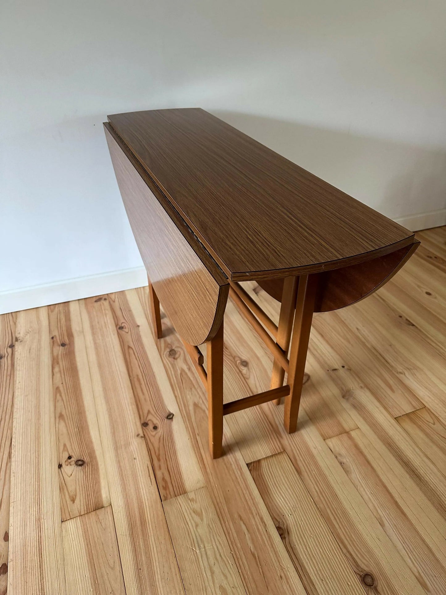 Vintage Mid Century Teak Drop Leaf Table Formica Circular Dining Table