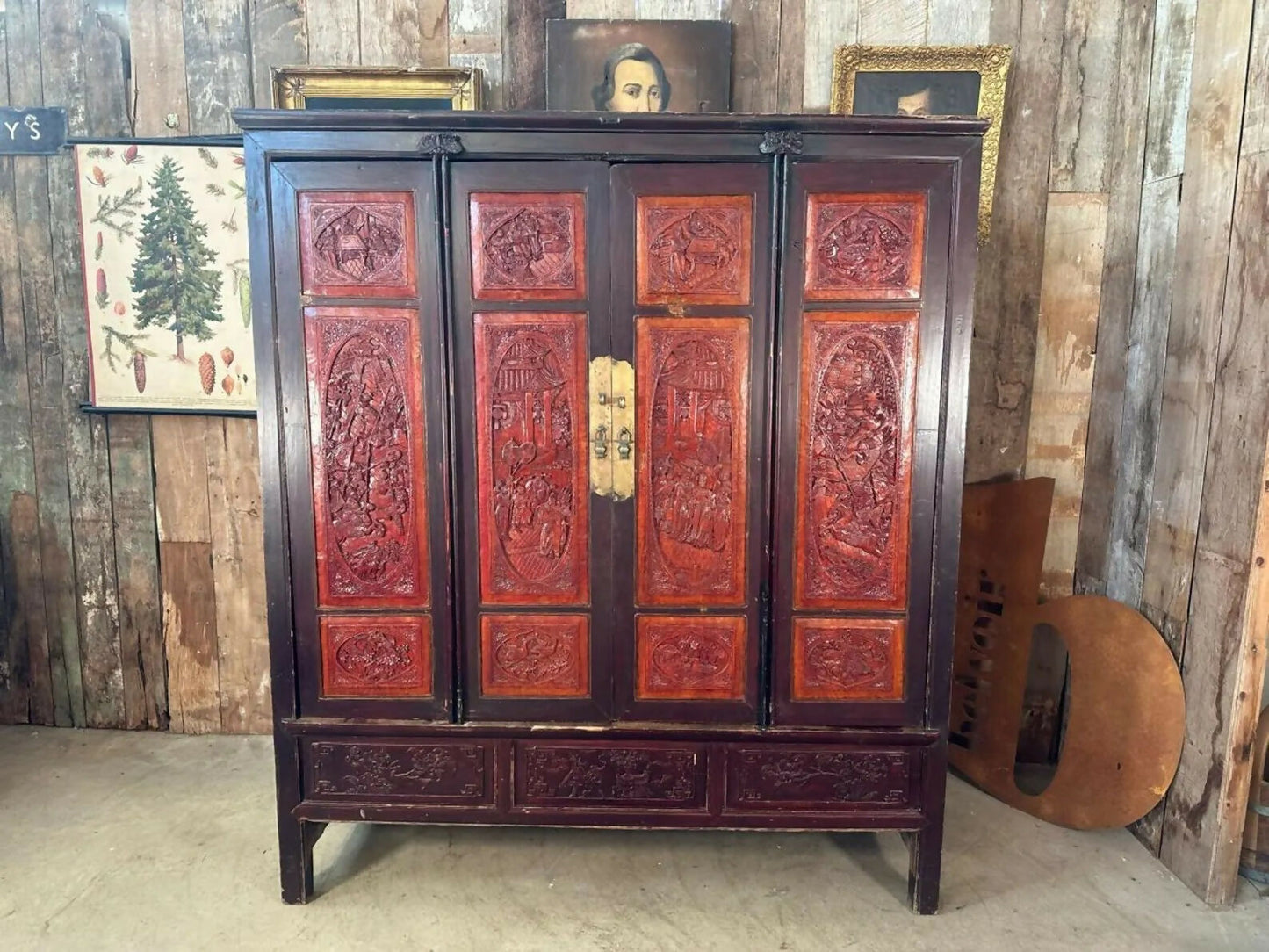 Antique Chinese Marriage Wardrobe Cabinet Triple Cupboard, C 1860