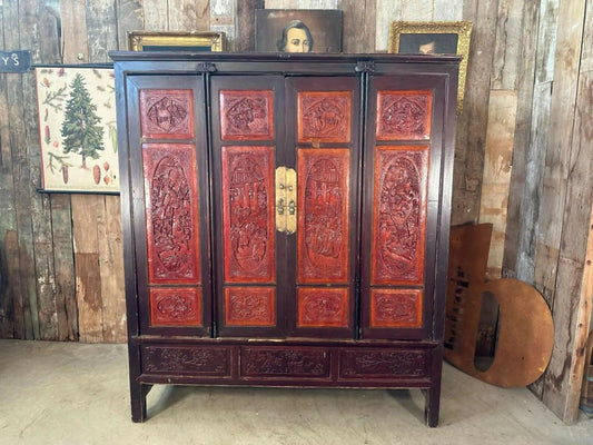 Antique Chinese Marriage Wardrobe Cabinet Triple Cupboard, C 1860