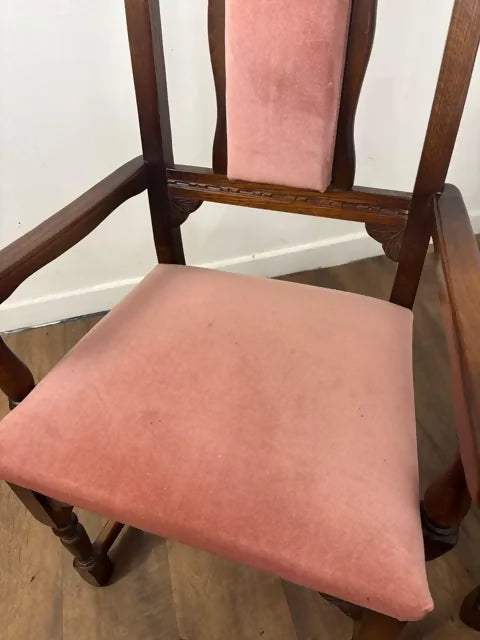 Pair Of Vintage Oak Armchairs With Pink Upholstered Seats & Backs