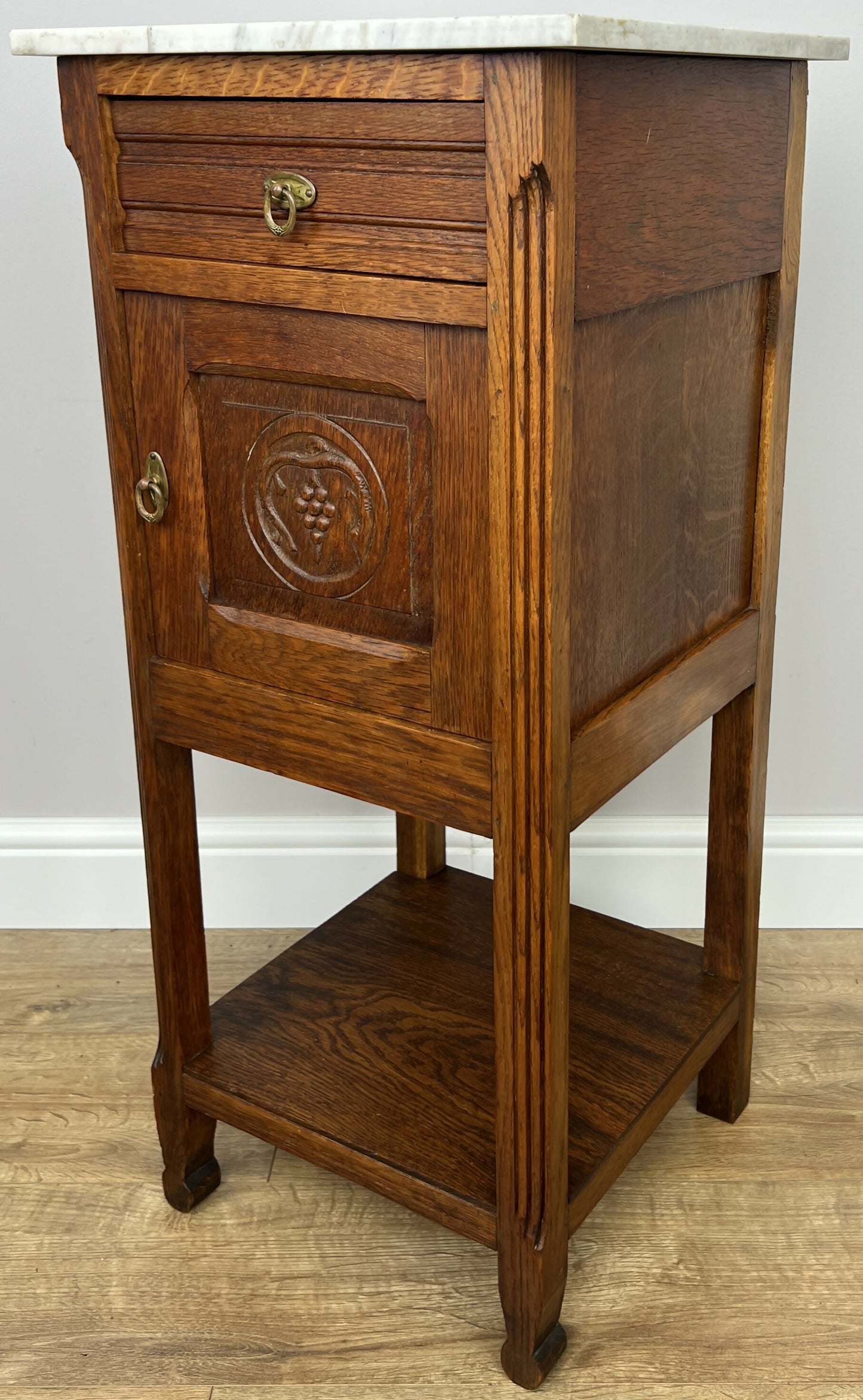 Bedside Table Antique French Style Marble Top Oak Cabinet Nightstand LOT 6244