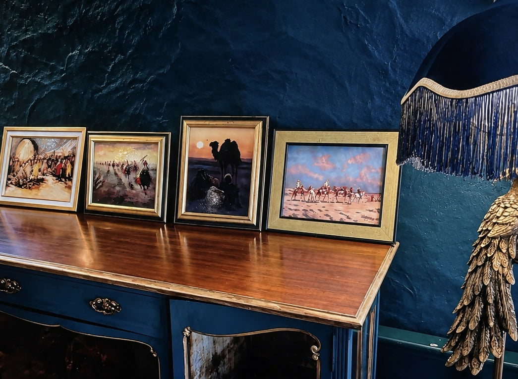 Vintage Set of x4 Desert/Eastern Oil Paintings, Gold Framed, Signed by Same Artist