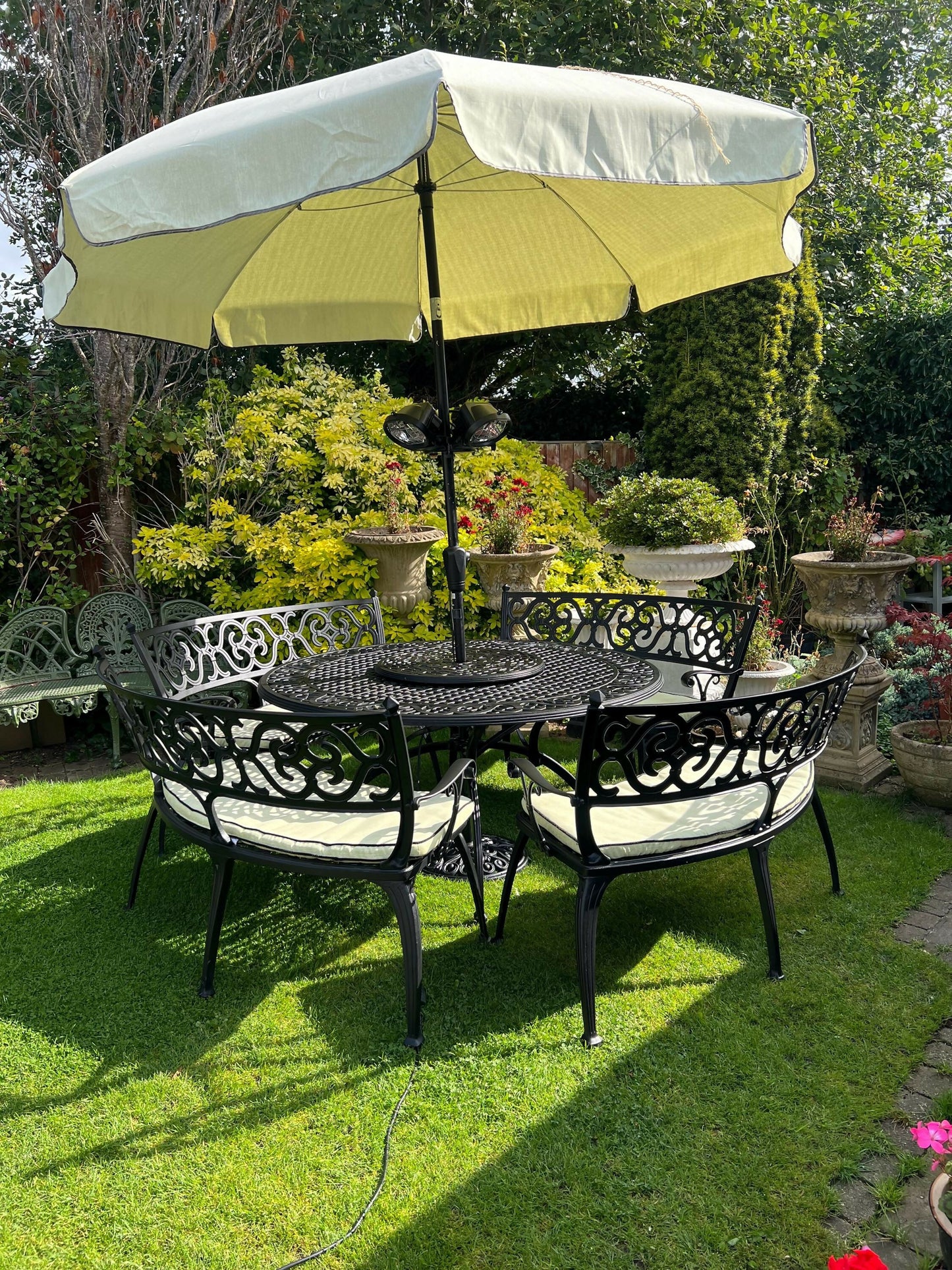 Black Vintage Large Patio Set 4 Benches, Parasol and Heat Lamps