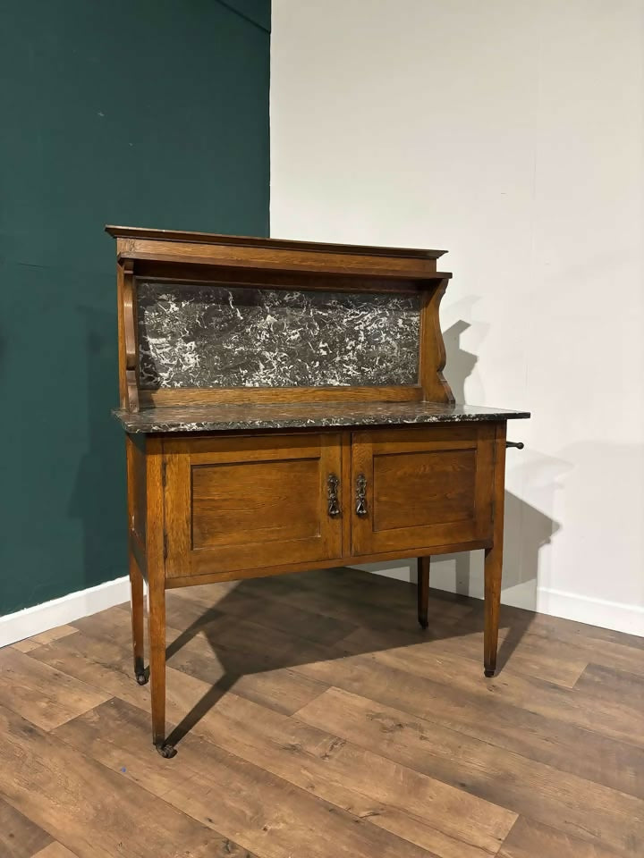 Antique Framed Oak Washstand with Marble Top & Back4