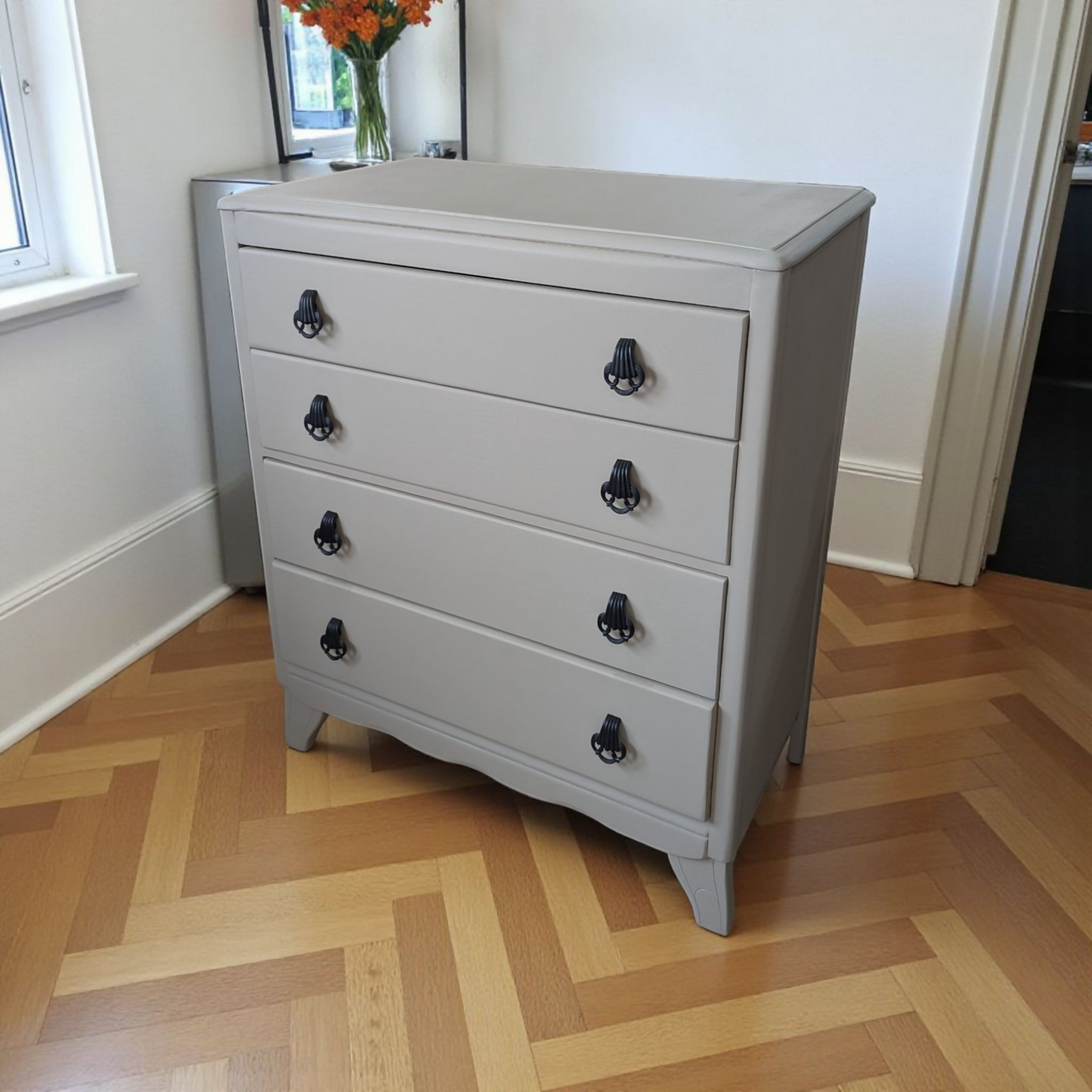 Vintage mid century chest of drawers, Lebus neutral taupe painted drawers