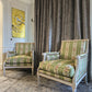 A Pair of French, Louis XVI Bergere Armchairs. Upholstered in French Embroidered Silk Upholstery Fabric