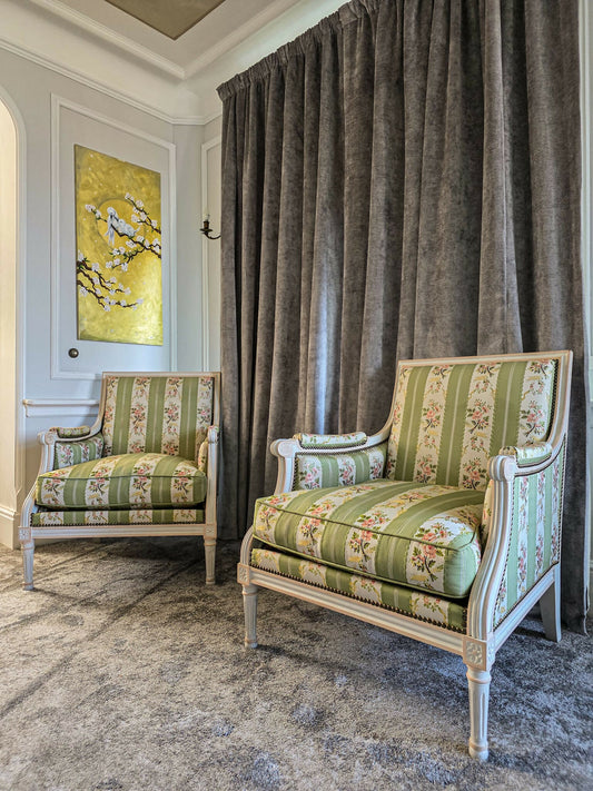 A Pair of French, Louis XVI Bergere Armchairs. Upholstered in French Embroidered Silk Upholstery Fabric