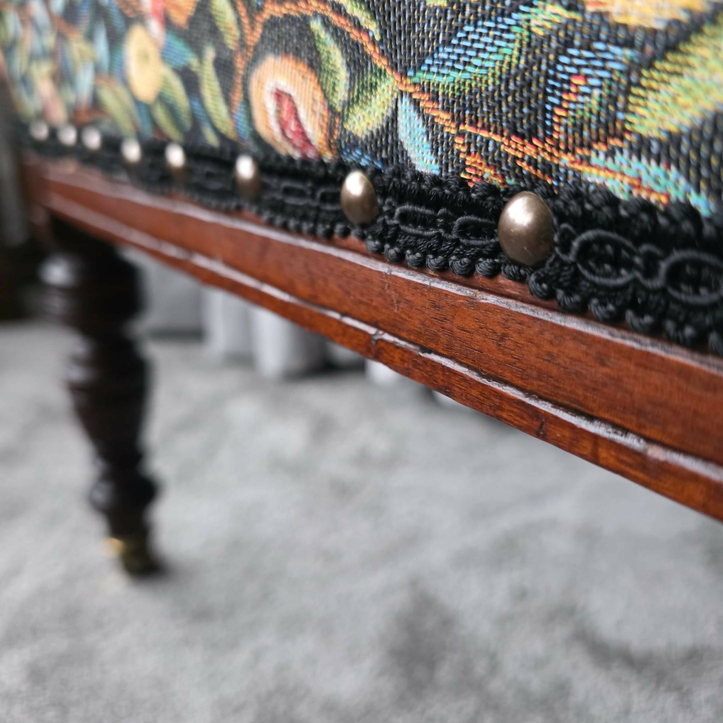 Antique, Mahogany framed Child's Chair on Original Castors. Covered in Wlm Morris Fabric.